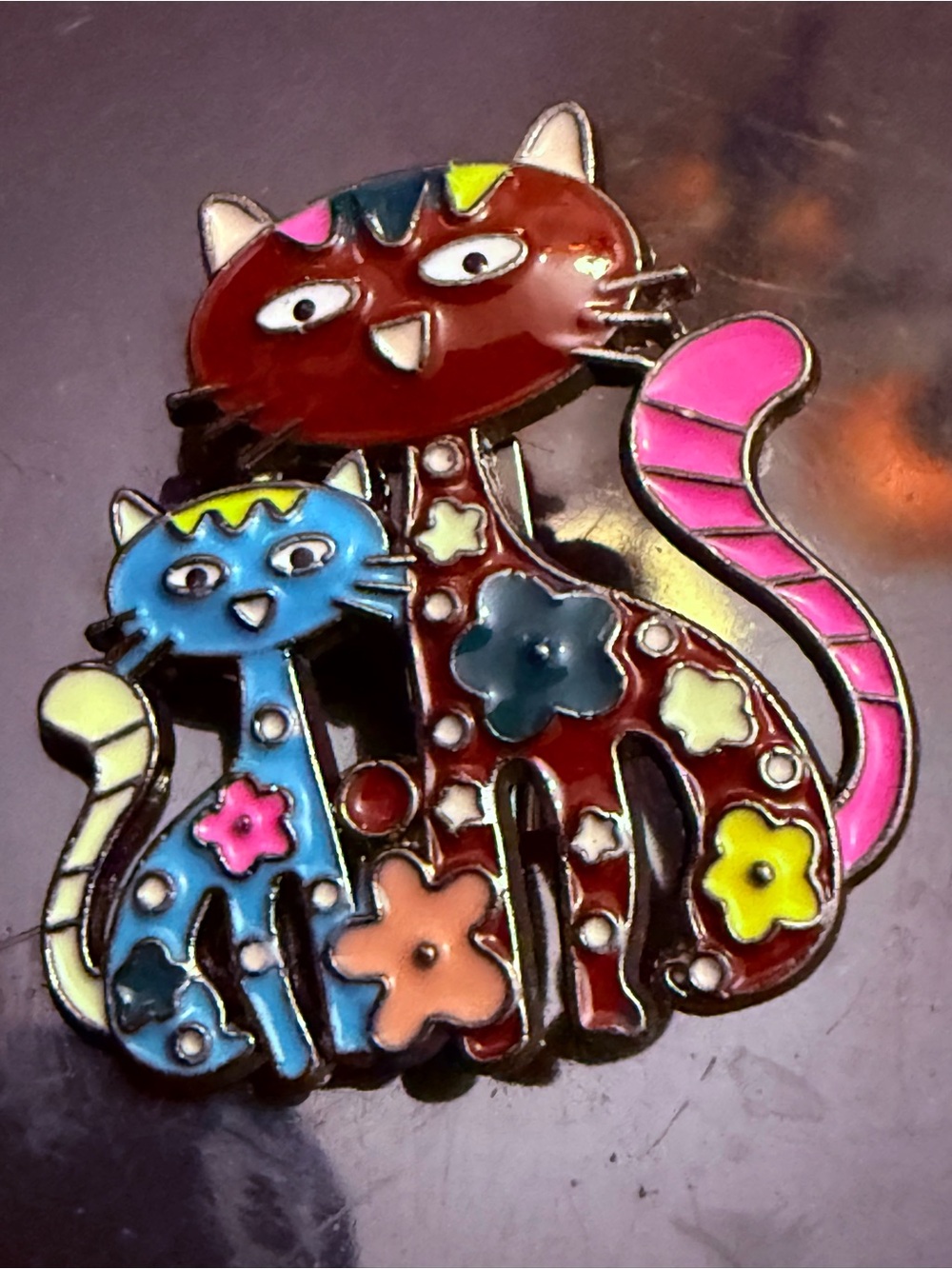 Colorful Floral Cat Enamel Pin - Pink, Blue & Brown